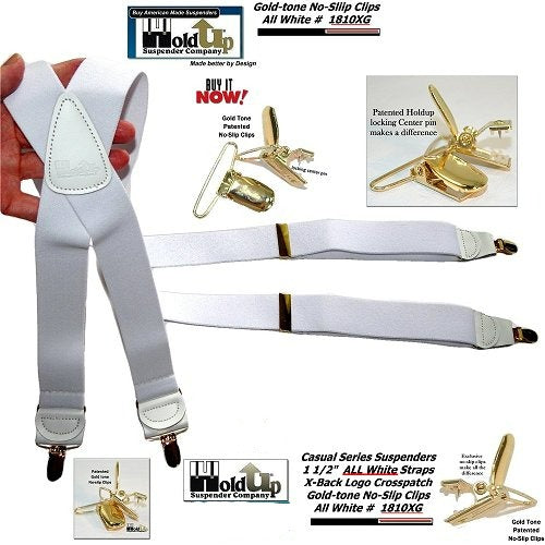 Holdup All White American made Casual Series X-back Suspenders with USA Patented No-slip Gold-tone clips