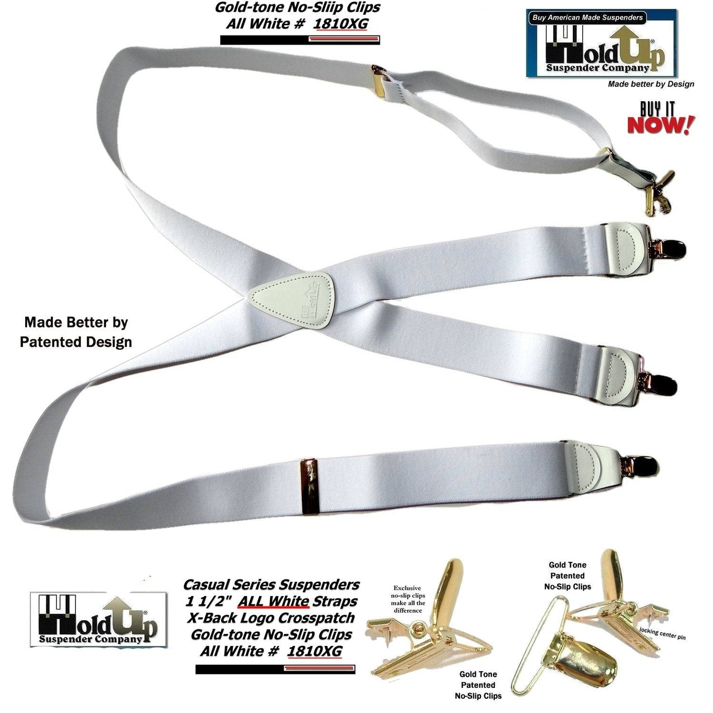 Holdup All White American made Casual Series X-back Suspenders with USA Patented No-slip Gold-tone clips