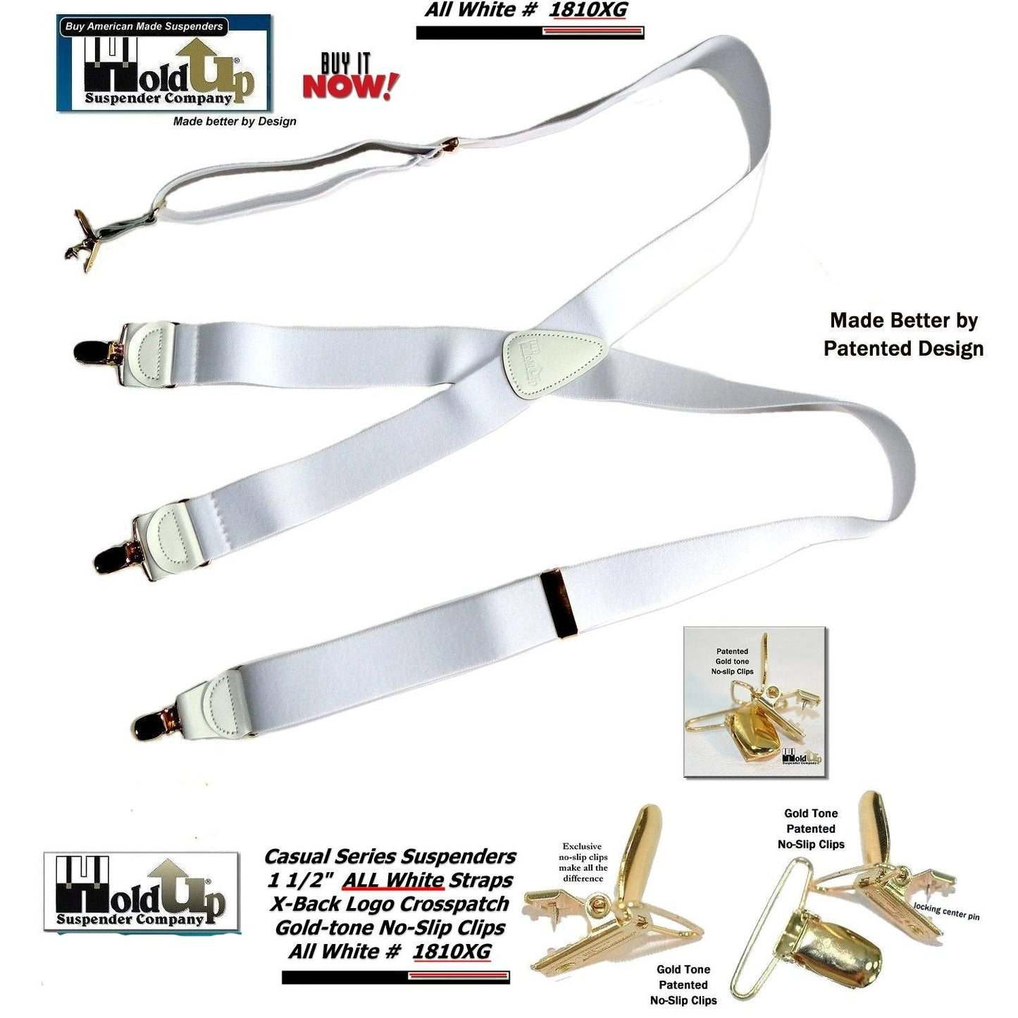 Holdup All White American made Casual Series X-back Suspenders with USA Patented No-slip Gold-tone clips