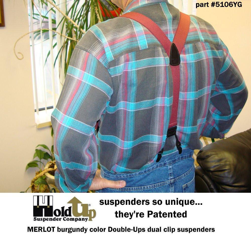 Holdup Suspender Company's Merlot Burgundy Double-Up style Suspenders with black Patented No-slip Clips.