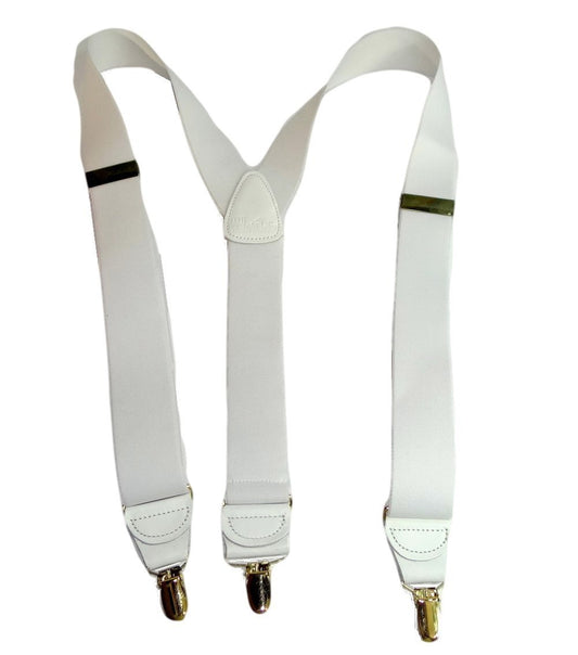 Hold-Ups Y-back All White Casual Series 1 1/2" wide Suspenders with USA Patented No-slip Gold Clips