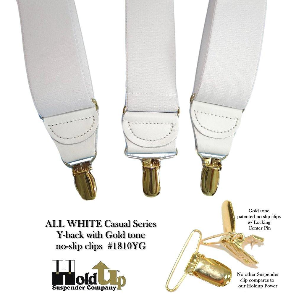 Hold-Ups Y-back All White Casual Series 1 1/2" wide Suspenders with USA Patented No-slip Gold Clips