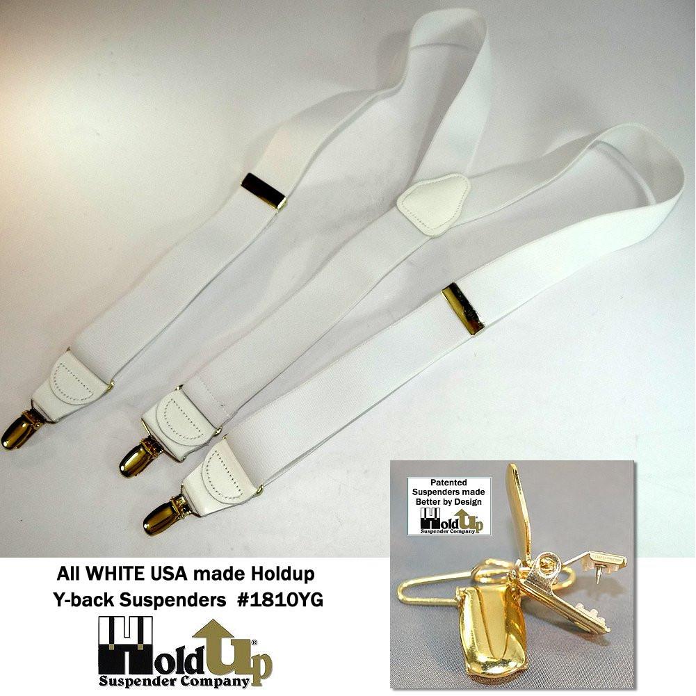 Hold-Ups Y-back All White Casual Series 1 1/2" wide Suspenders with USA Patented No-slip Gold Clips