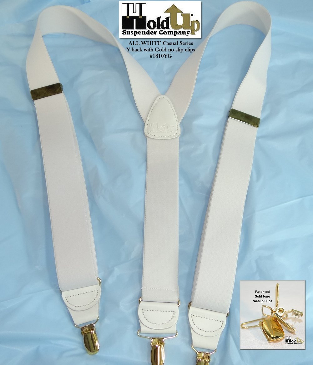 Hold-Ups Y-back All White Casual Series 1 1/2" wide Suspenders with USA Patented No-slip Gold Clips