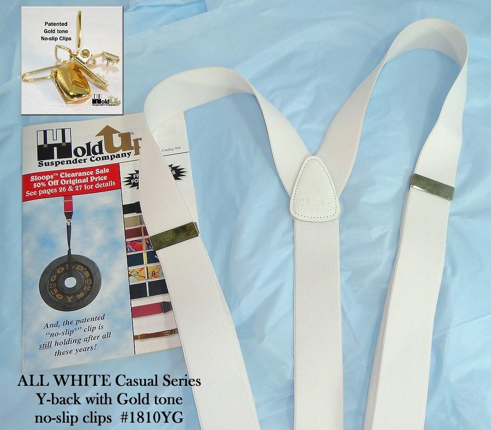 Hold-Ups Y-back All White Casual Series 1 1/2" wide Suspenders with USA Patented No-slip Gold Clips