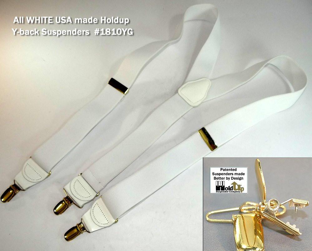 Hold-Ups Y-back All White Casual Series 1 1/2" wide Suspenders with USA Patented No-slip Gold Clips