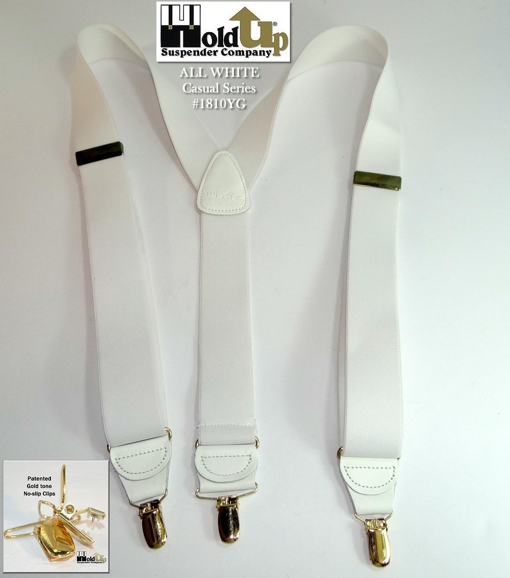 Hold-Ups Y-back All White Casual Series 1 1/2" wide Suspenders with USA Patented No-slip Gold Clips