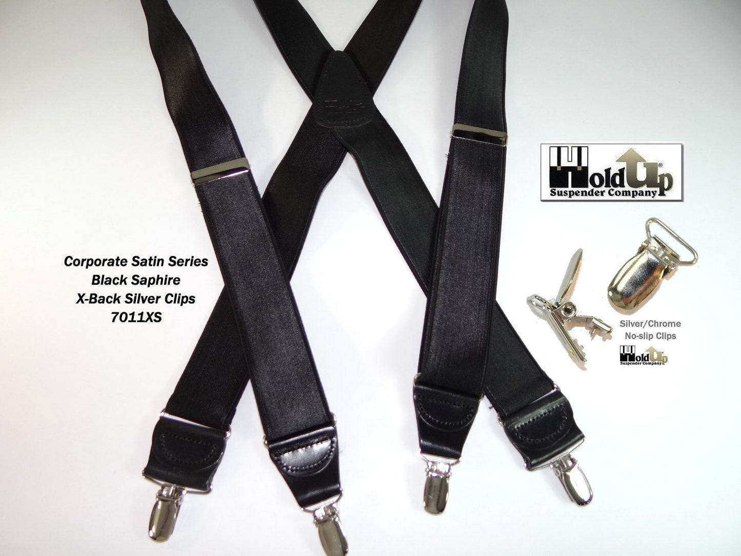 Hold-Ups Black Satin Finish 1 1/2" Wide in X-back suspenders with Patented No-slip Silver Clips