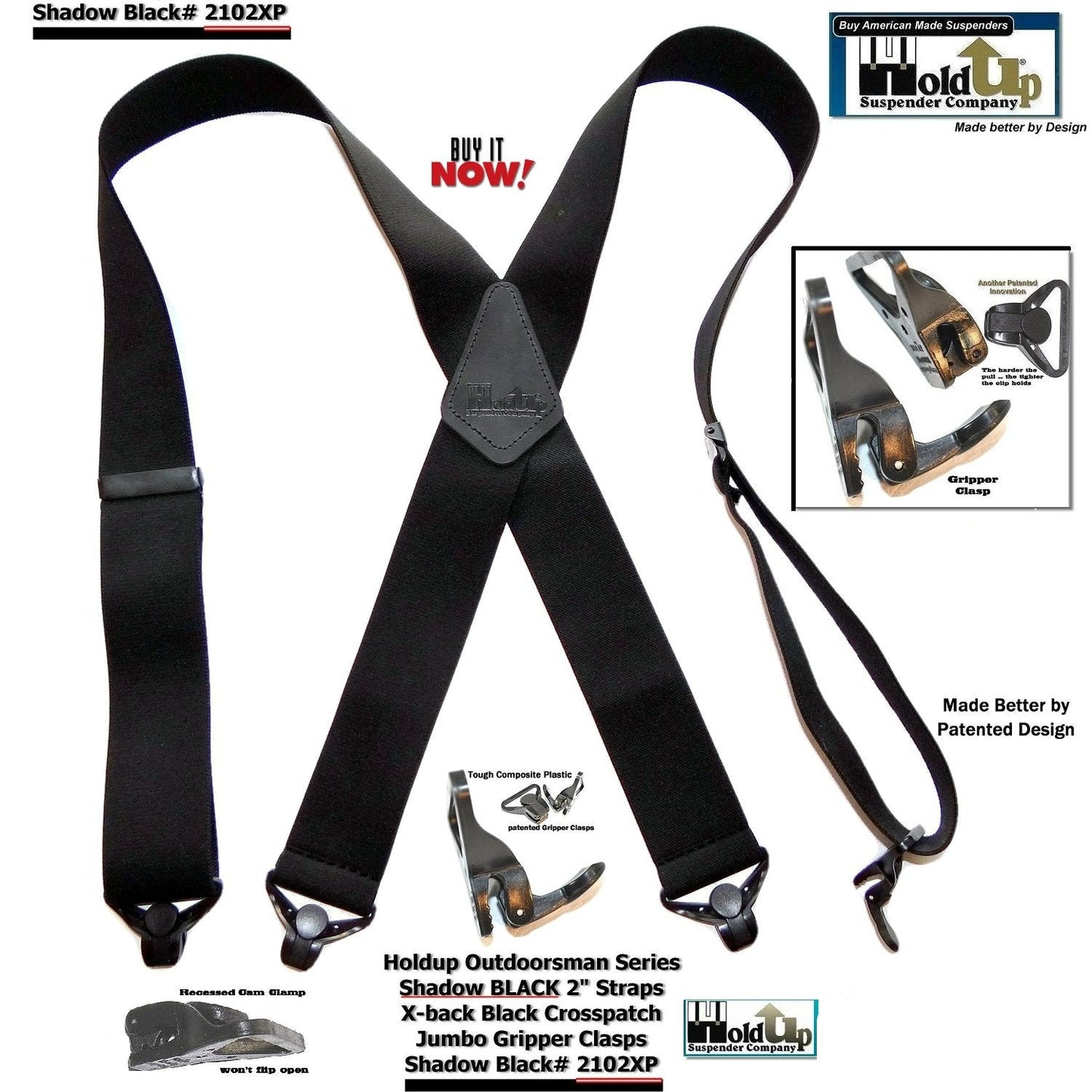 X-back Holdup Shadow Black Heavy Duty Work Suspenders with jumbo USA Patented Gripper Clasps