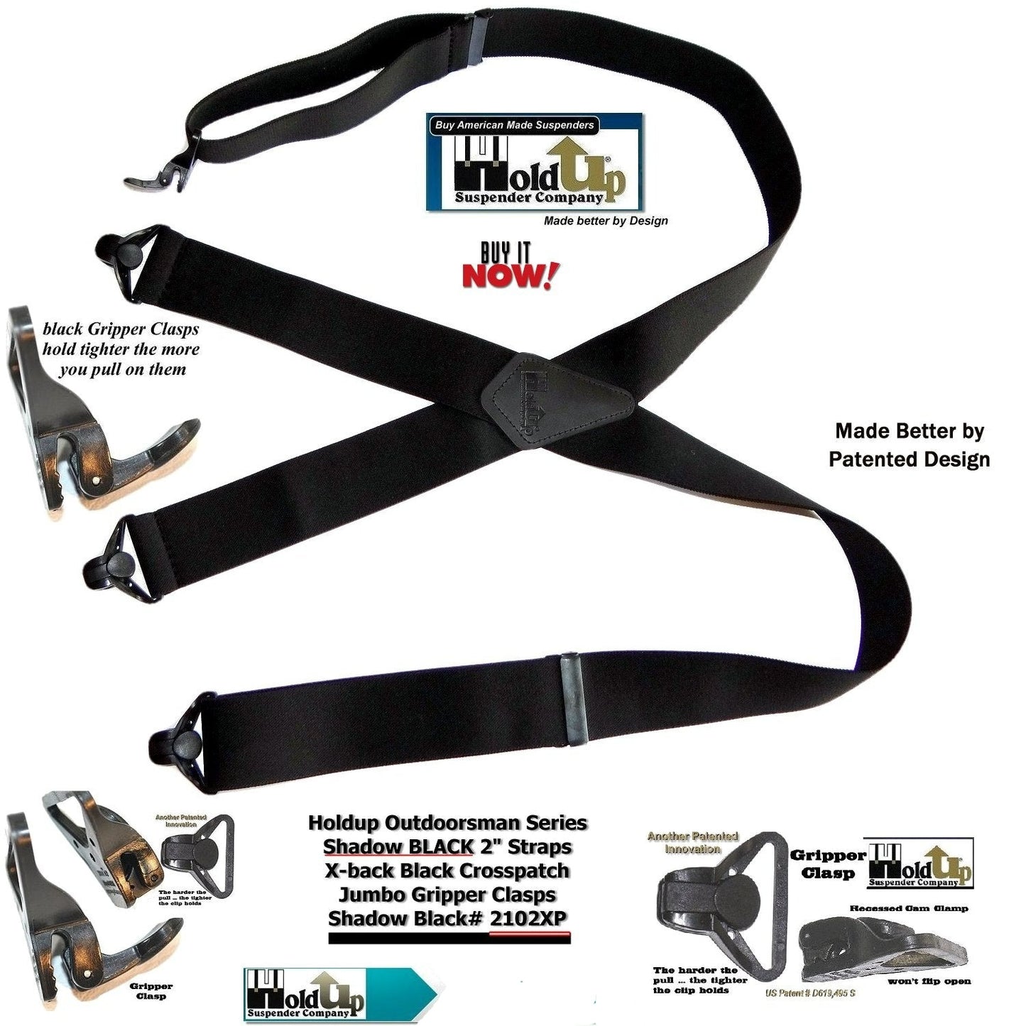 X-back Holdup Shadow Black Heavy Duty Work Suspenders with jumbo USA Patented Gripper Clasps