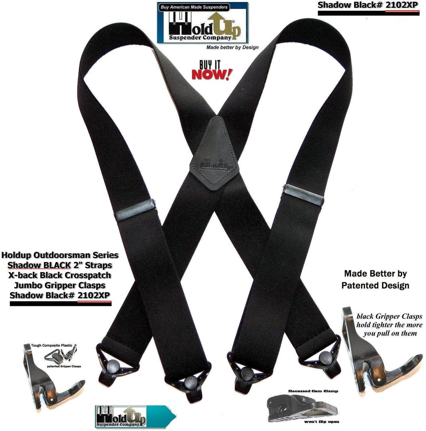 X-back Holdup Shadow Black Heavy Duty Work Suspenders with jumbo USA Patented Gripper Clasps