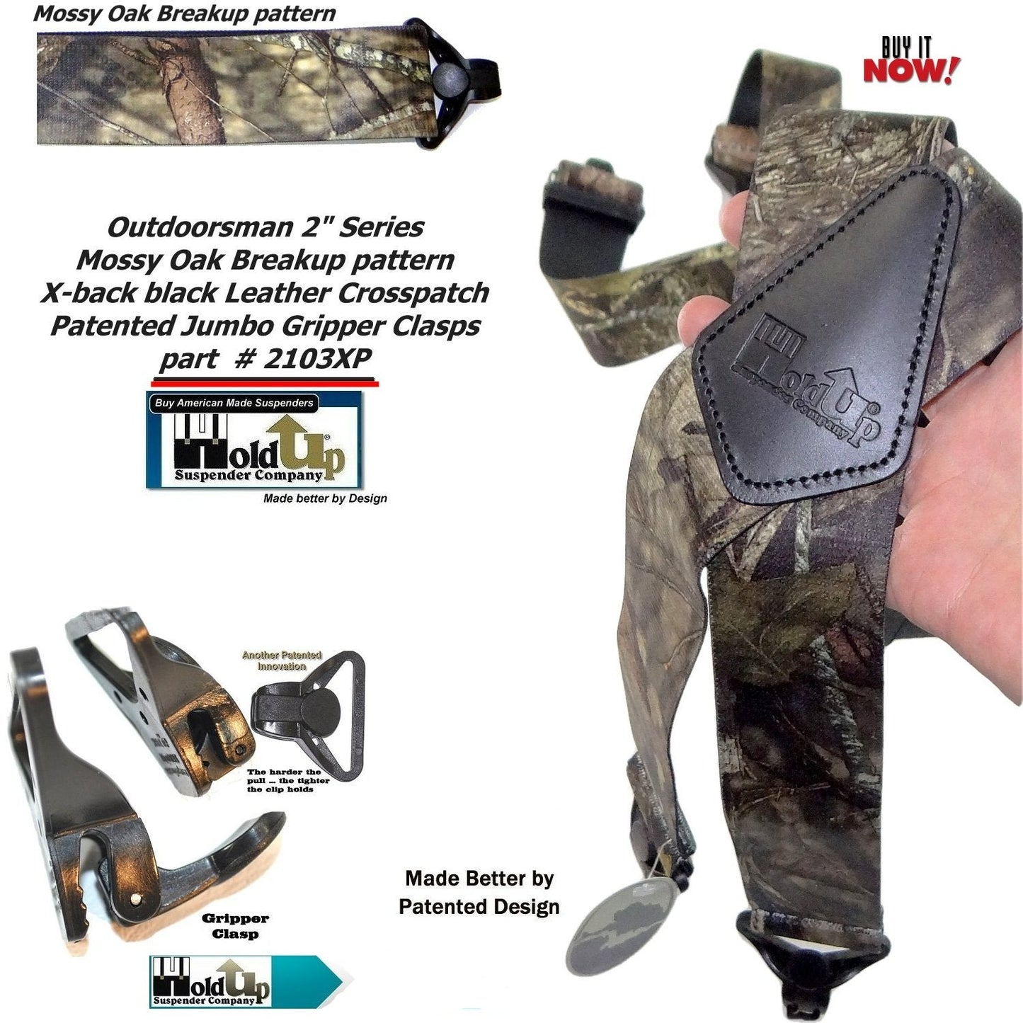 Holdup Suspender Company Mossy Oak Breakup Camoflage Pattern Suspenders in X-Back style and Patented Gripper Clasps