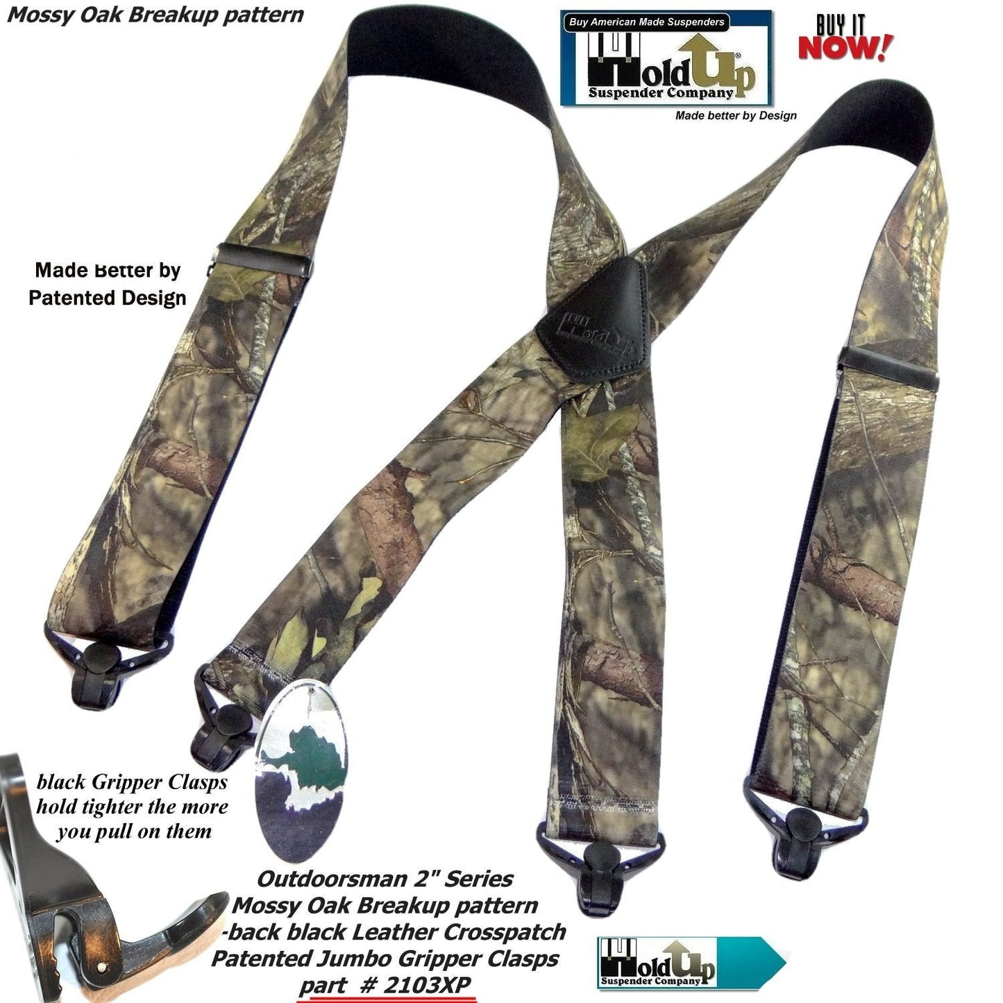 Holdup Suspender Company Mossy Oak Breakup Camoflage Pattern Suspenders in X-Back style and Patented Gripper Clasps