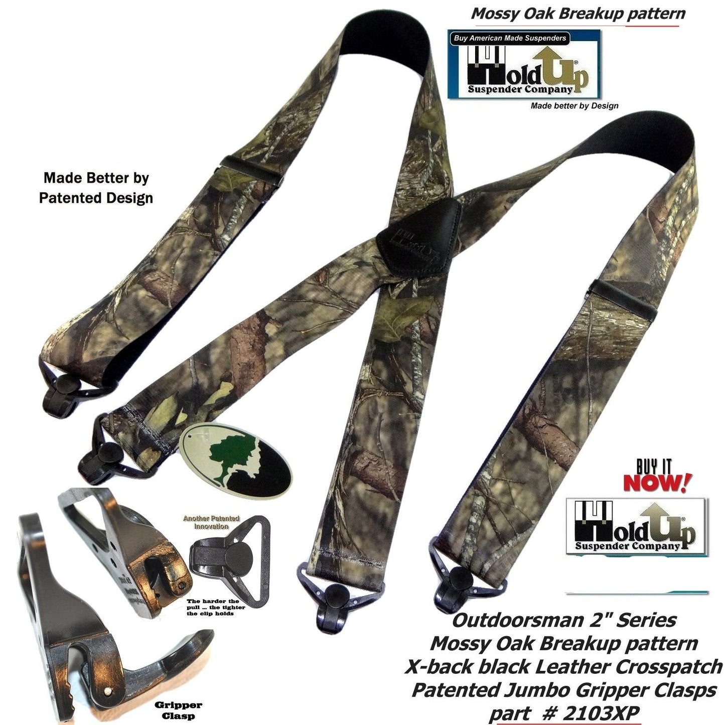 Holdup Suspender Company Mossy Oak Breakup Camoflage Pattern Suspenders in X-Back style and Patented Gripper Clasps