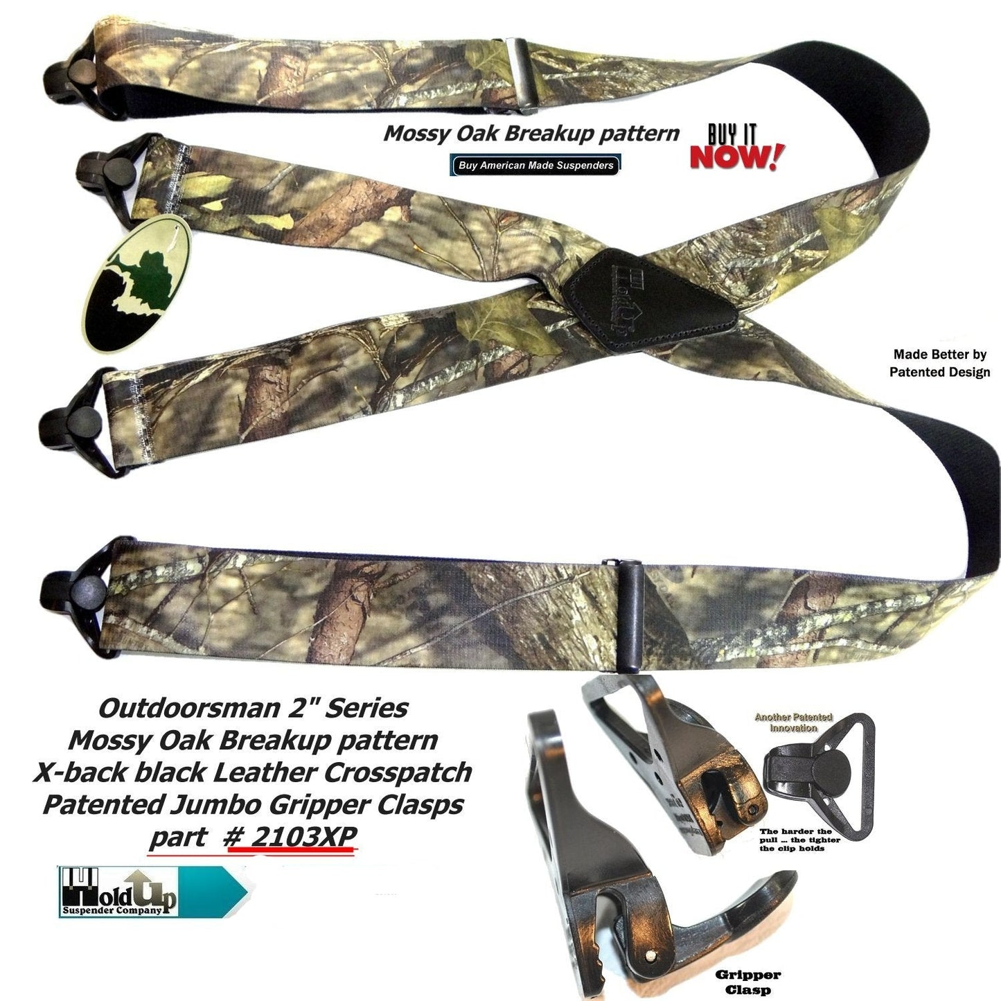 Holdup Suspender Company Mossy Oak Breakup Camoflage Pattern Suspenders in X-Back style and Patented Gripper Clasps