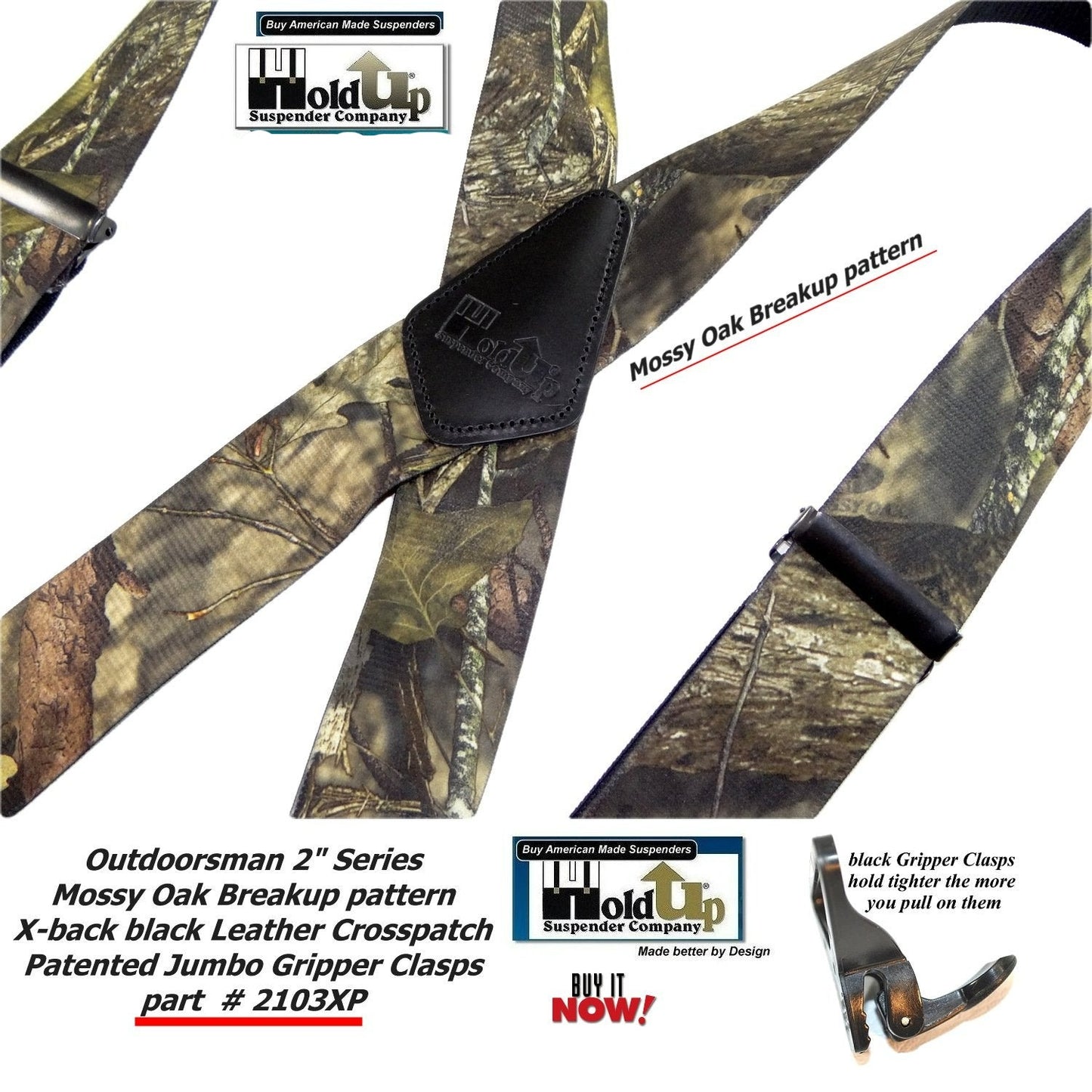 Holdup Suspender Company Mossy Oak Breakup Camoflage Pattern Suspenders in X-Back style and Patented Gripper Clasps