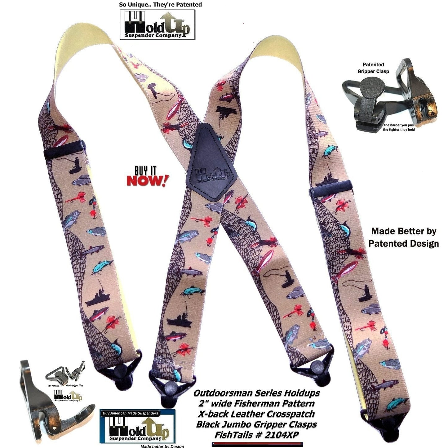 Holdup Brand FishTales Pattern Outdoorsman Suspenders with USA Patented Jumbo Gripper Clasps