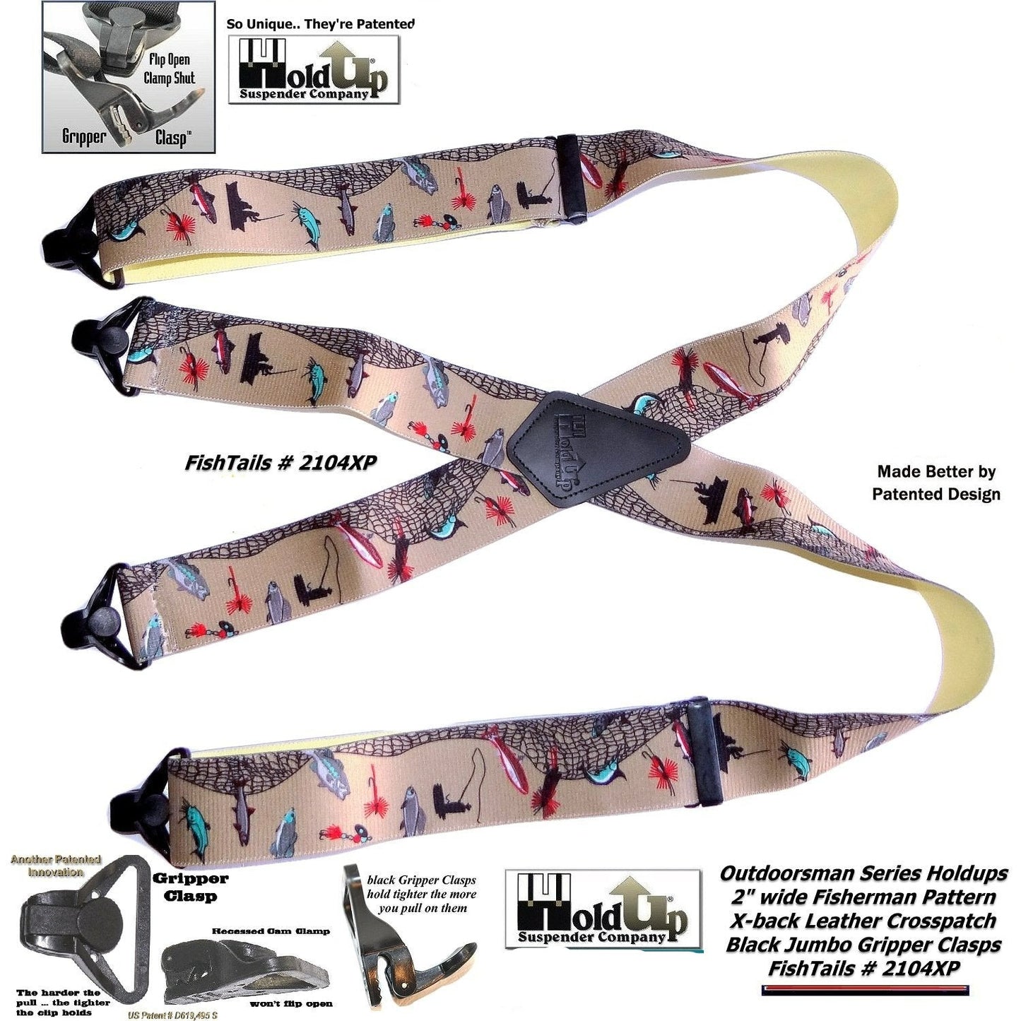 Holdup Brand FishTales Pattern Outdoorsman Suspenders with USA Patented Jumbo Gripper Clasps