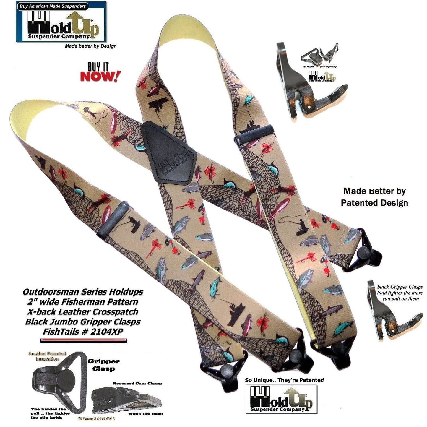 Holdup Brand FishTales Pattern Outdoorsman Suspenders with USA Patented Jumbo Gripper Clasps