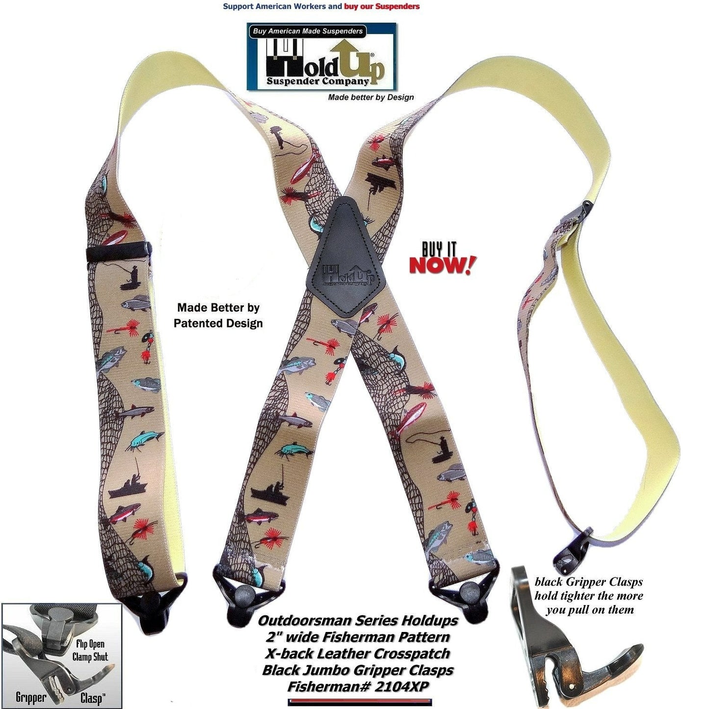 Holdup Brand FishTales Pattern Outdoorsman Suspenders with USA Patented Jumbo Gripper Clasps