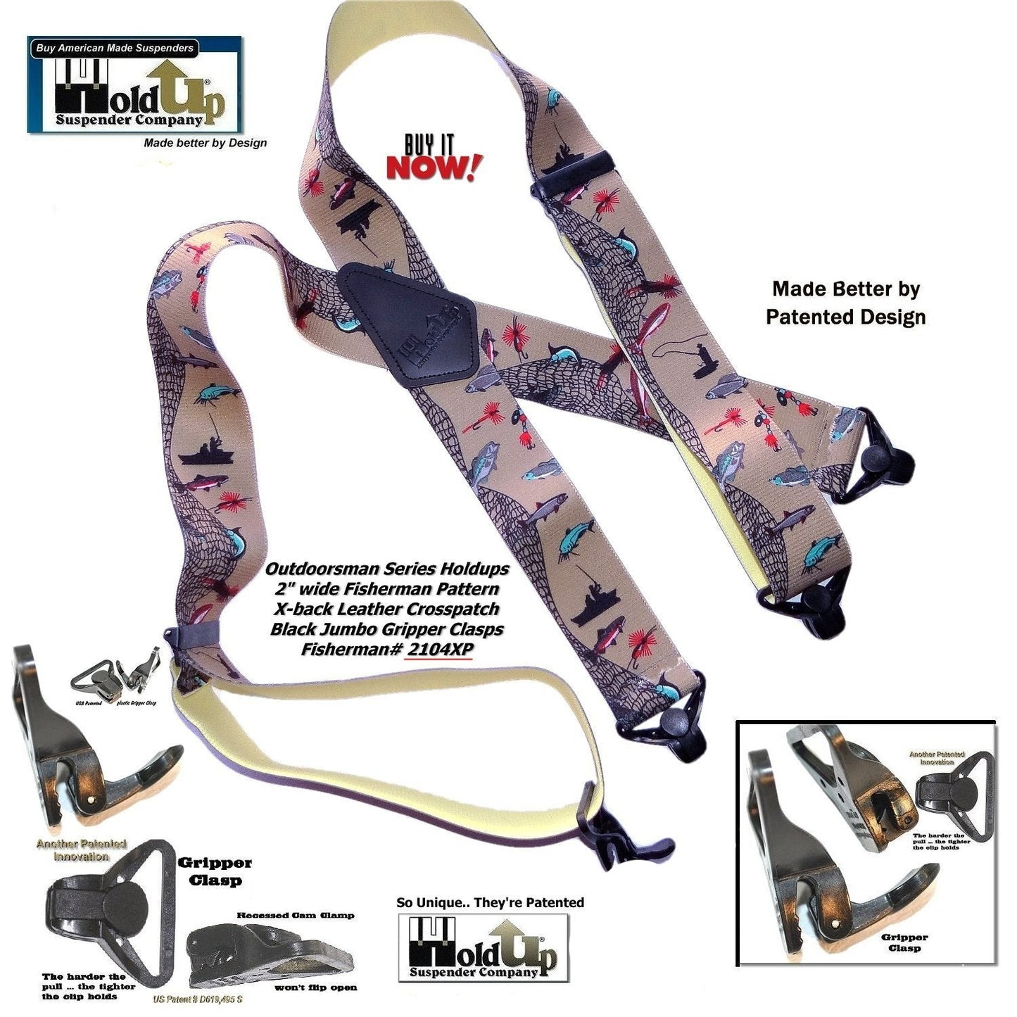 Holdup Brand FishTales Pattern Outdoorsman Suspenders with USA Patented Jumbo Gripper Clasps