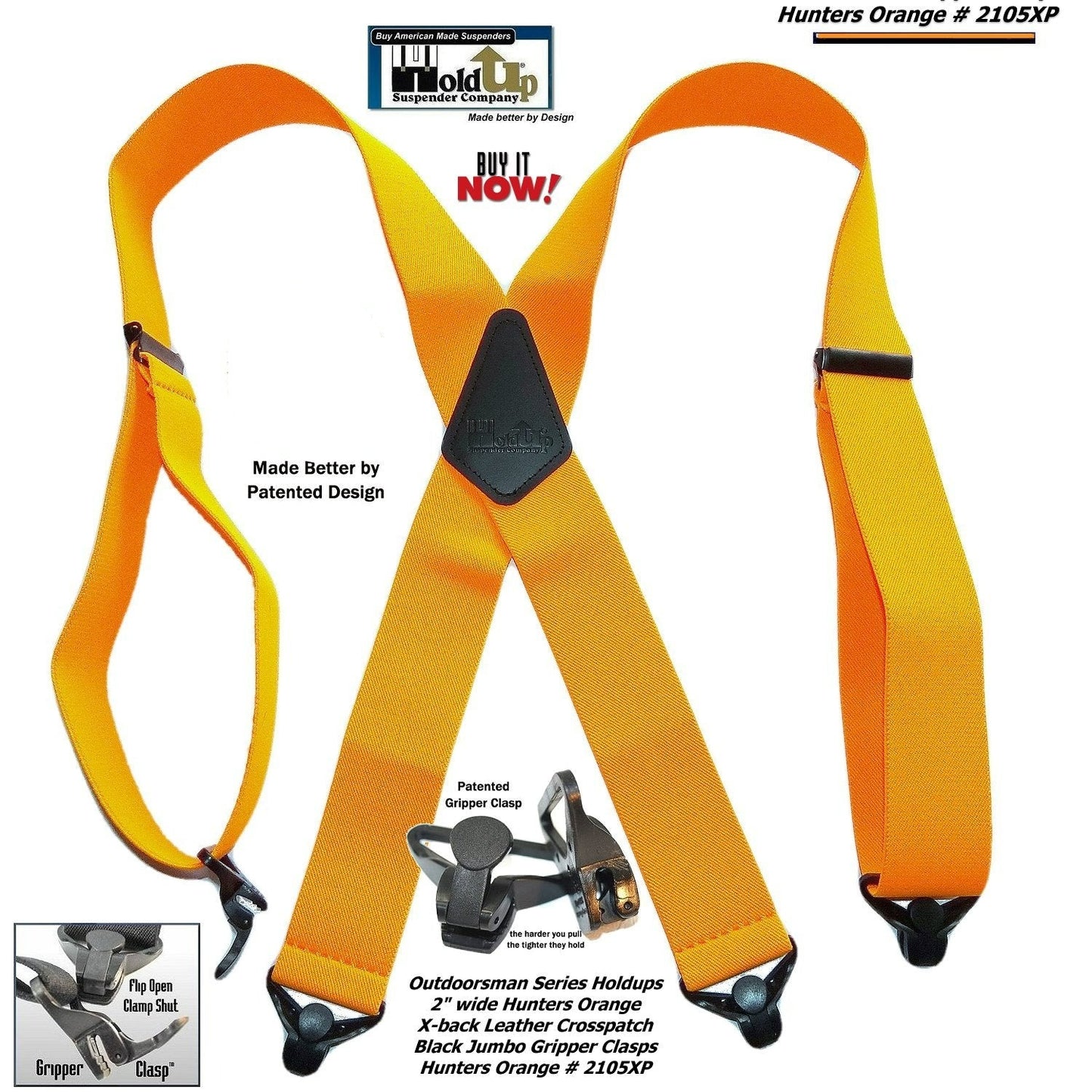 Hold-Ups Hunter Orange 2" Wide Work Suspenders with Composite Plastic Gripper Clasp