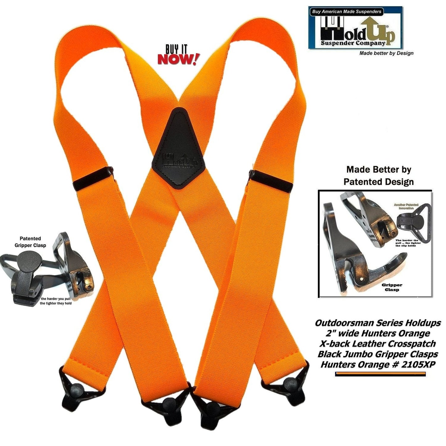 Hold-Ups Hunter Orange 2" Wide Work Suspenders with Composite Plastic Gripper Clasp