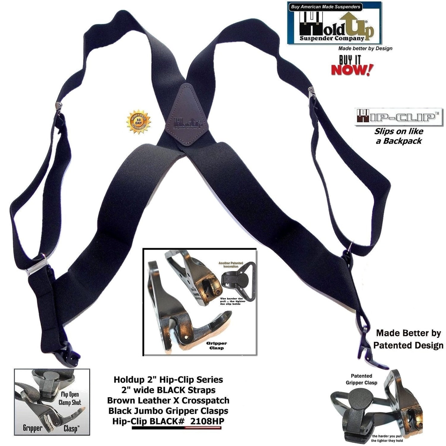 Black Hip-clip X-back Trucker style Holdup Suspenders with USA patented Gripper Clasps