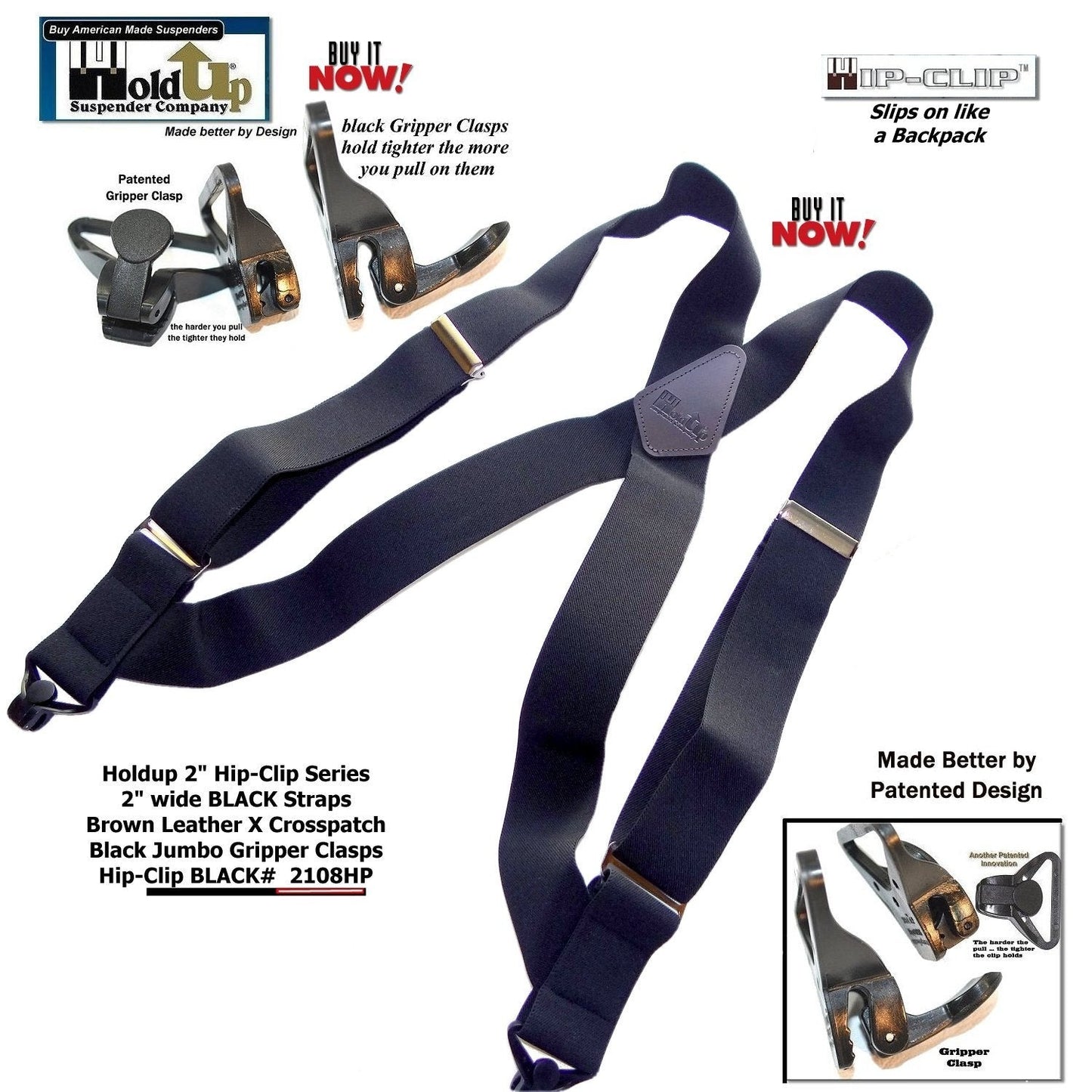 Black Hip-clip X-back Trucker style Holdup Suspenders with USA patented Gripper Clasps