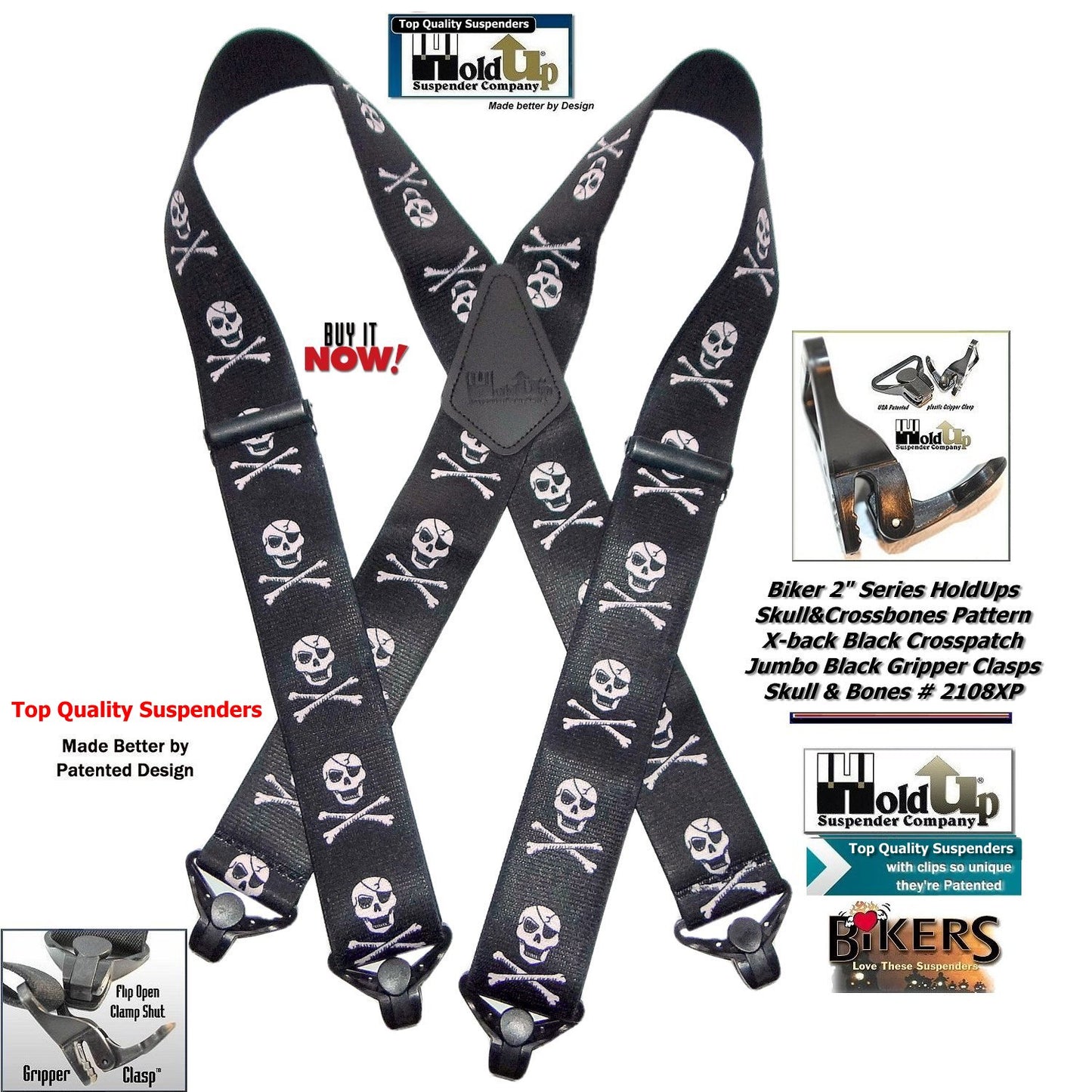 Holdup Brand Biker Series Skull and Crossbones pattern X-back suspenders with black Jumbo Gripper Clamp Clasps