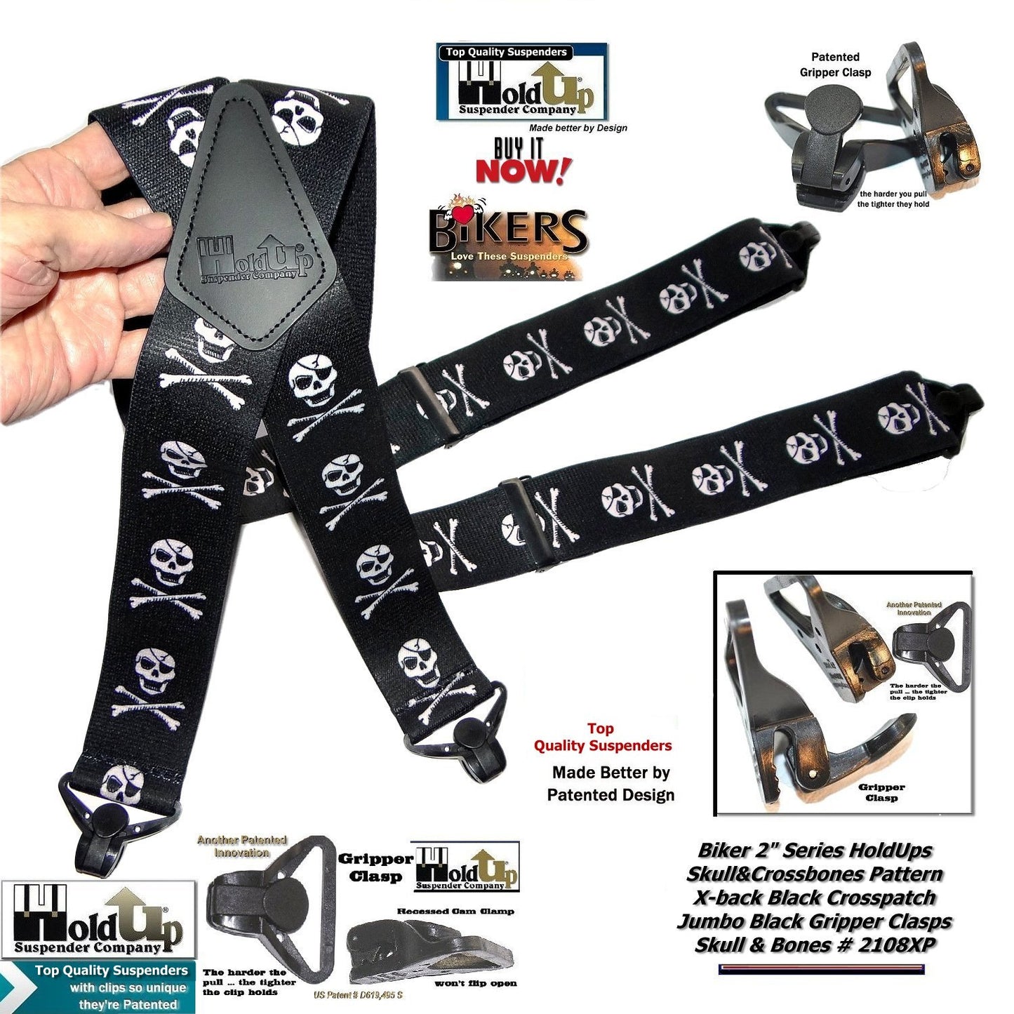 Holdup Brand Biker Series Skull and Crossbones pattern X-back suspenders with black Jumbo Gripper Clamp Clasps