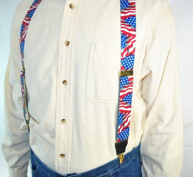 HoldUp Brand X-back Suspenders in American Flag Pattern with patented Gold-tone no-slip clips