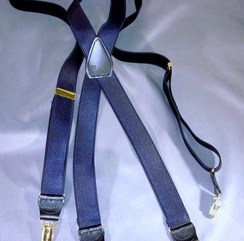 Hold-Ups Formal Series Satin Finished dark Blue X-back suspenders with Gold tone no-slip clips