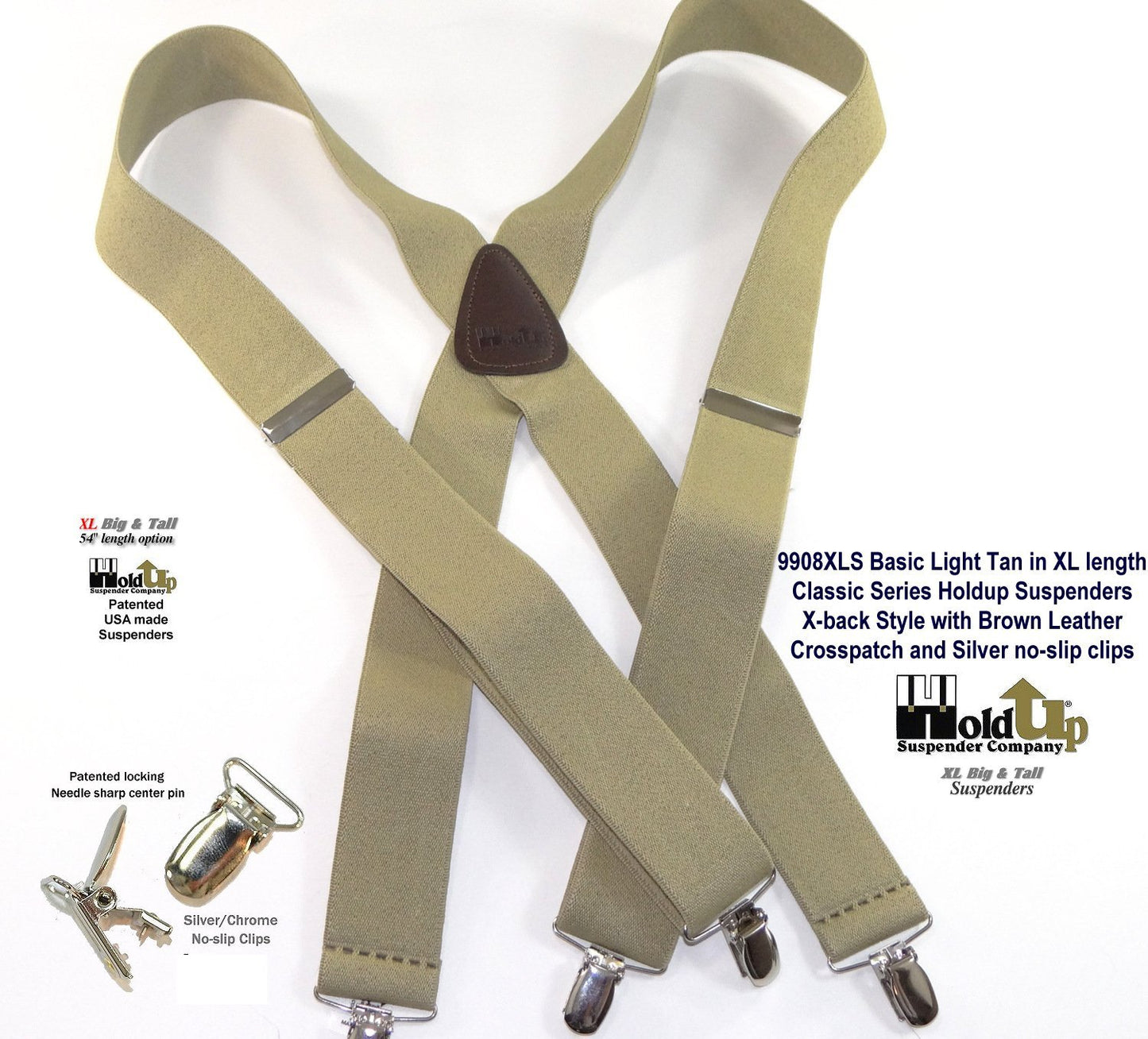 Hold-Ups Classic tan XL suspenders 1 1/2"wide 54' long with patented silver no-slip clips