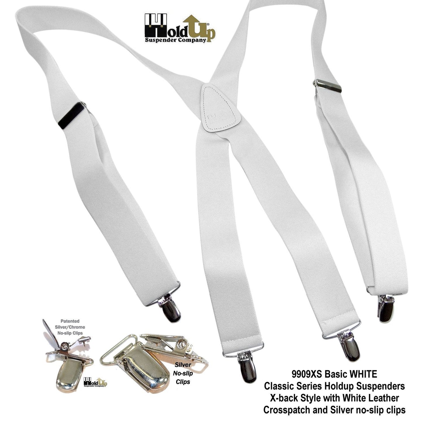 Holdup Suspender Company Classic Series All White X-back clip-on Suspenders with Patented Silver No-slip