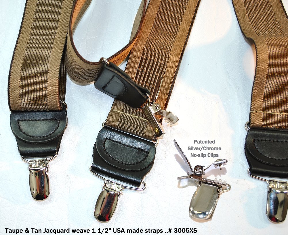 Holdup Brand Taupe Jacquard  weave1 1/2" wide Suspenders in X-back style and USA patented No-slip Nickel Clips