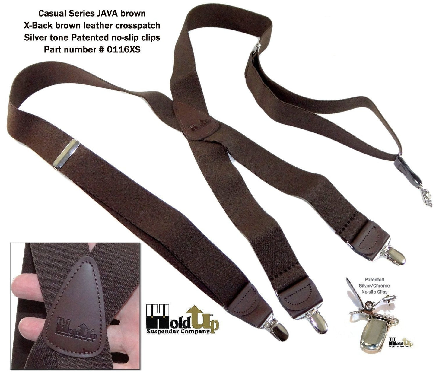 Holdup Suspender Company's Dark Java Brown Casual Series X-back Suspenders with Patented No-slip Nickel plated Clips