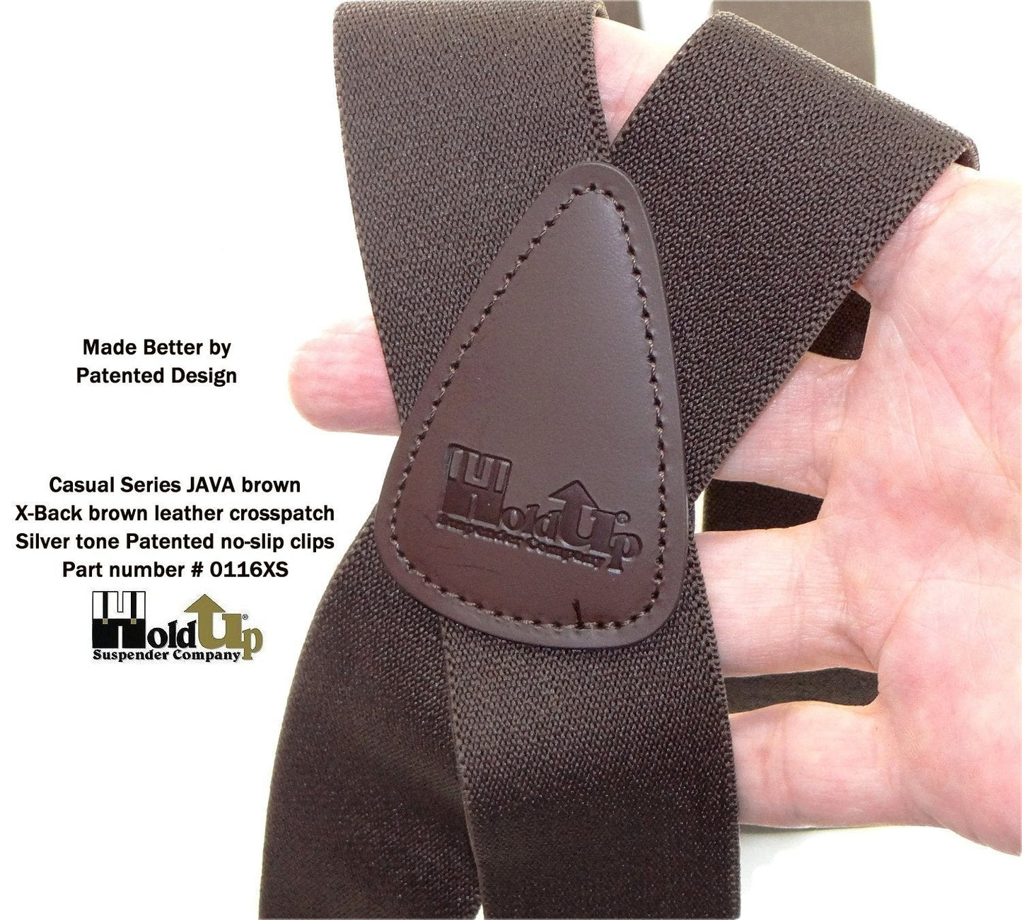 Holdup Suspender Company's Dark Java Brown Casual Series X-back Suspenders with Patented No-slip Nickel plated Clips