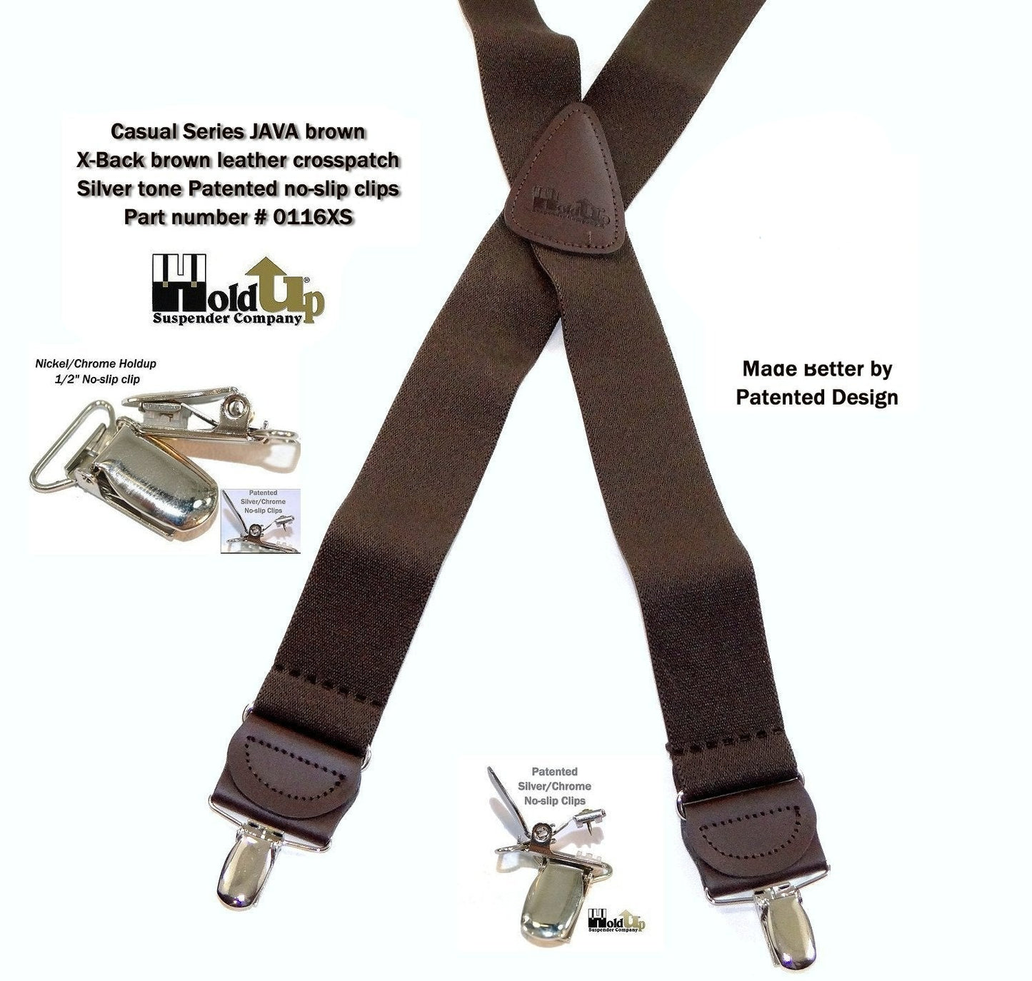 Holdup Suspender Company's Dark Java Brown Casual Series X-back Suspenders with Patented No-slip Nickel plated Clips