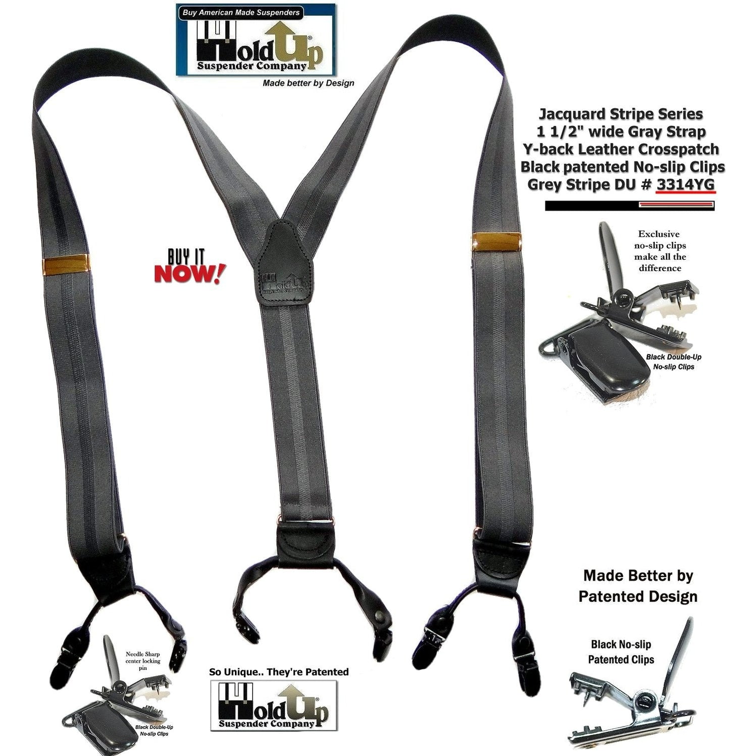 Holdup Brand Gray Stripe Jacquard Dual Clip Double-ups with USA Patented No-slip Metal Clips