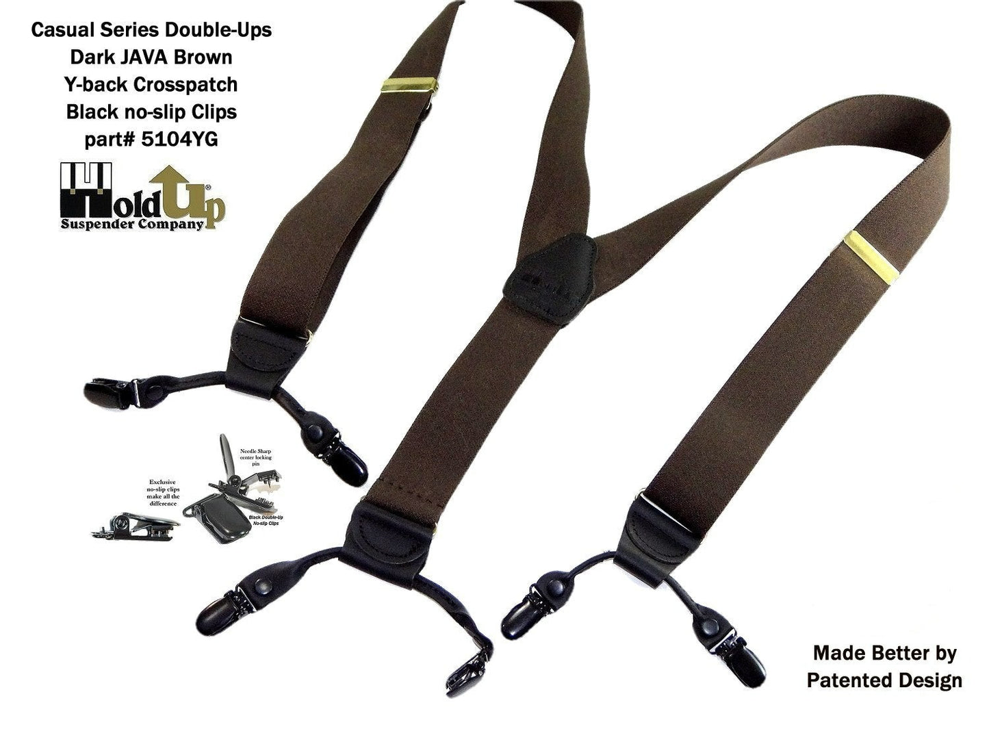 Hold-Ups Dark Brown Java Colored Casual Series Dual-Clip Suspenders With Y-Back leather crosspatch