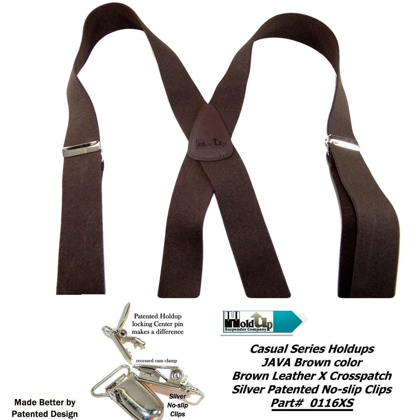 Holdup Suspender Company's Dark Java Brown Casual Series X-back Suspenders with Patented No-slip Nickel plated Clips