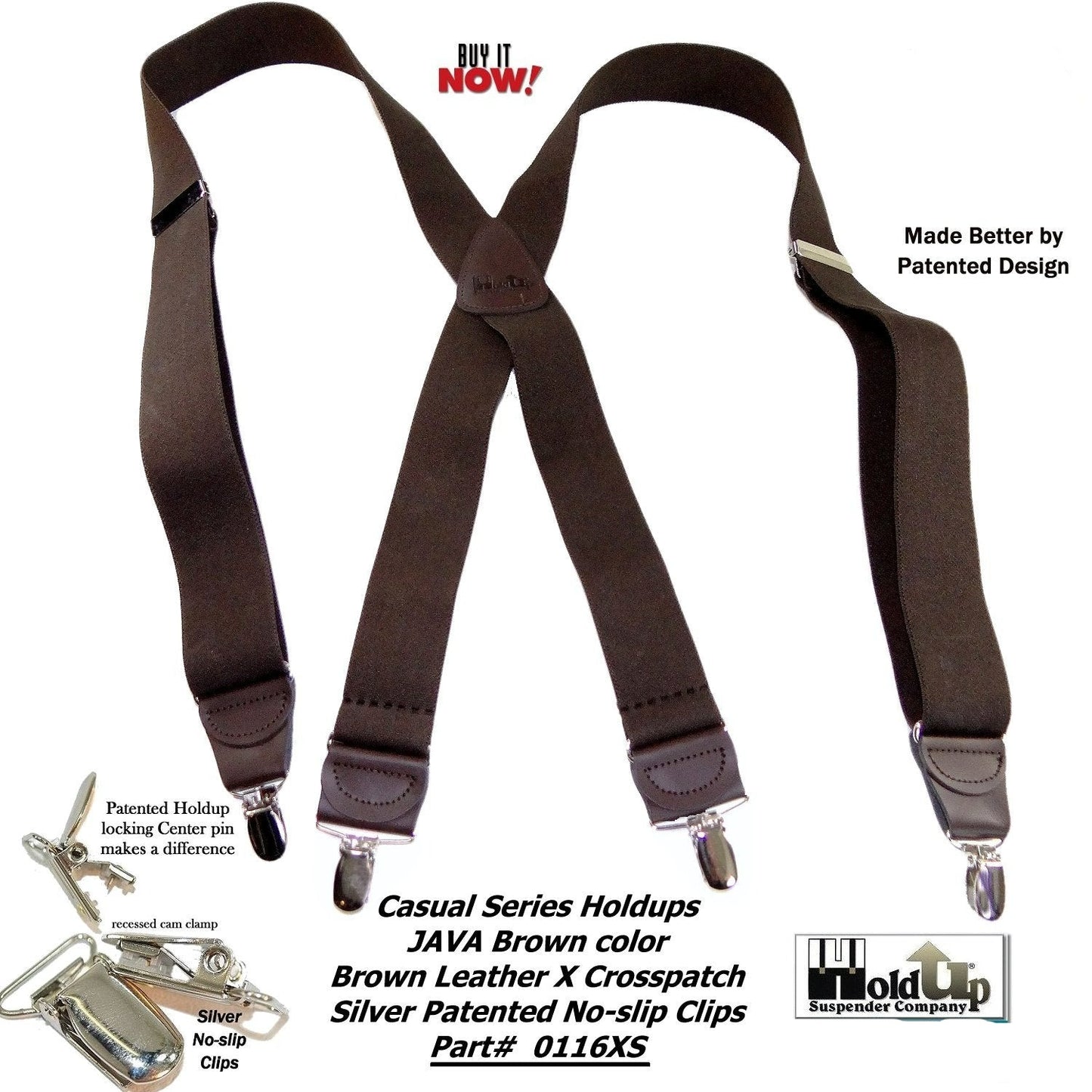 Holdup Suspender Company's Dark Java Brown Casual Series X-back Suspenders with Patented No-slip Nickel plated Clips