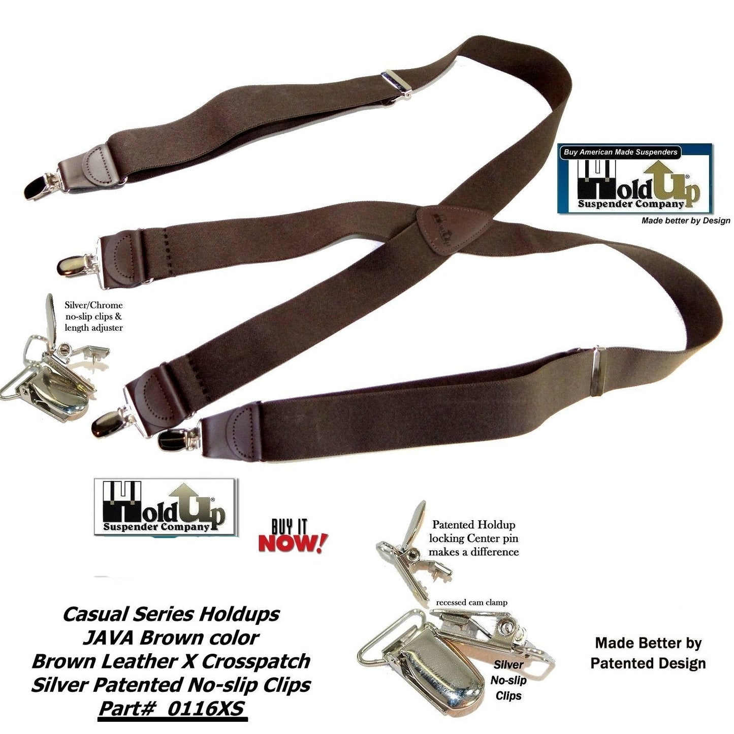 Holdup Suspender Company's Dark Java Brown Casual Series X-back Suspenders with Patented No-slip Nickel plated Clips