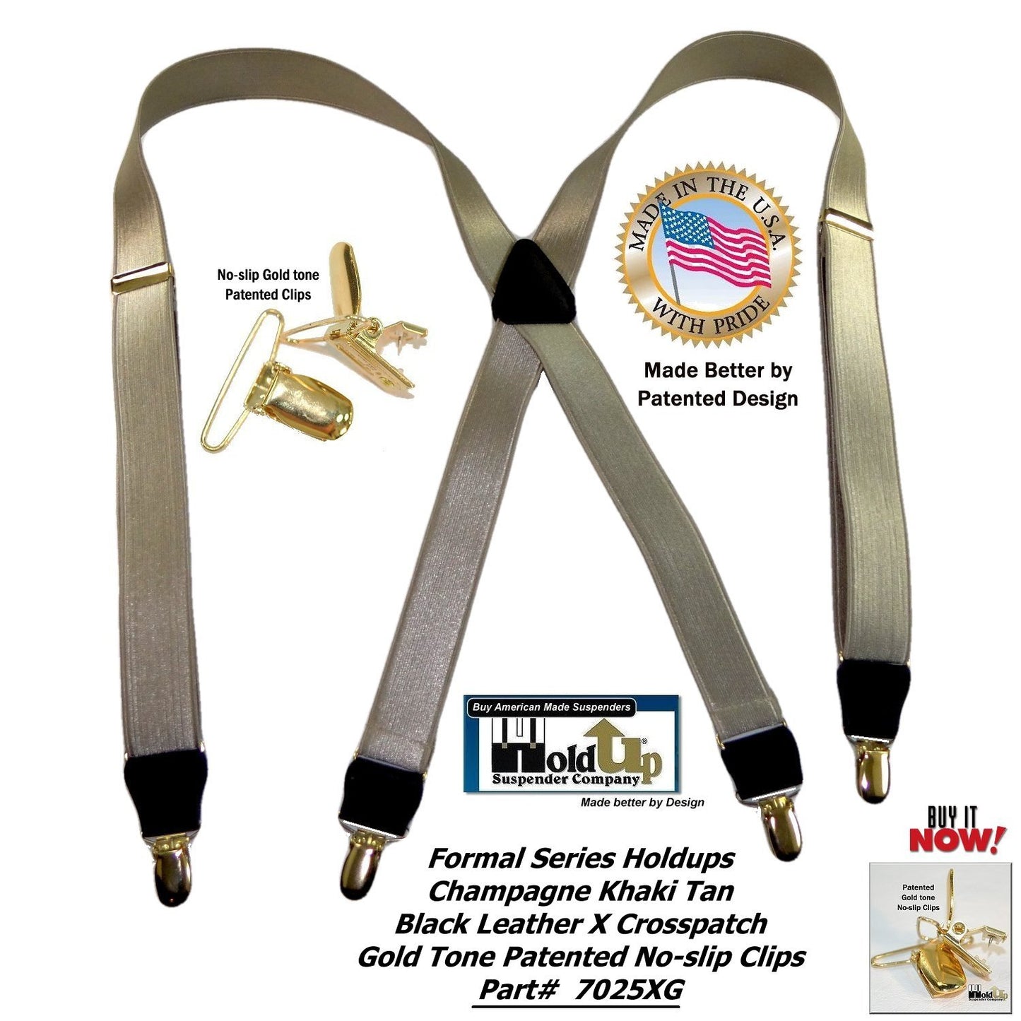 Holdup Golden Champagne Tan 1" Wide Formal Series Satin Finished X-back Suspenders With Gold-Tone No-Slip Clips