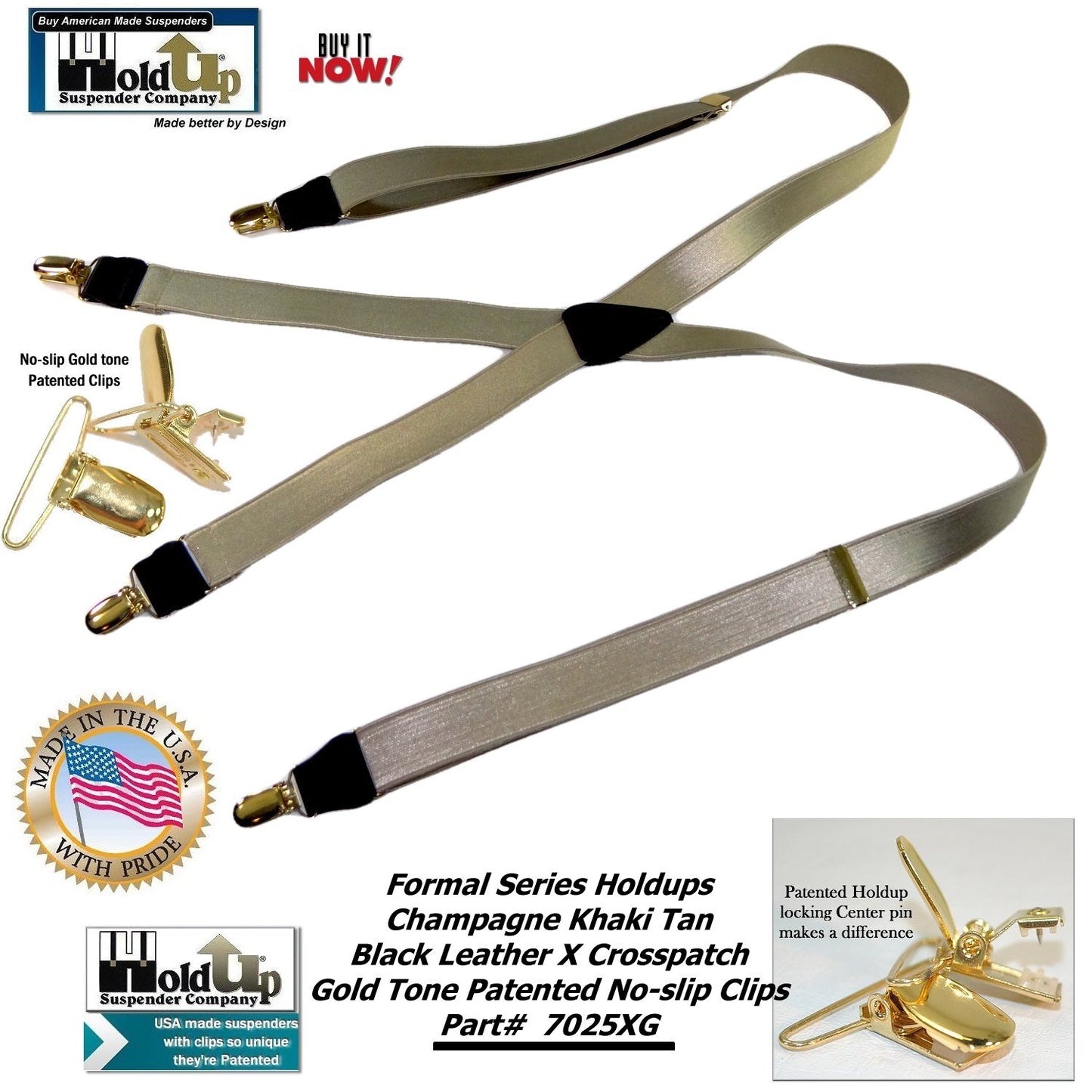 Holdup Golden Champagne Tan 1" Wide Formal Series Satin Finished X-back Suspenders With Gold-Tone No-Slip Clips