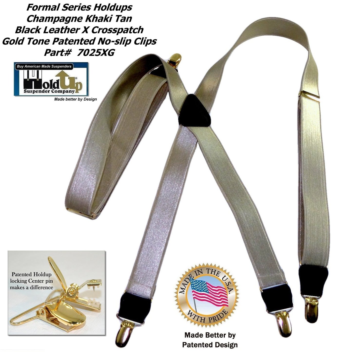 Holdup Golden Champagne Tan 1" Wide Formal Series Satin Finished X-back Suspenders With Gold-Tone No-Slip Clips