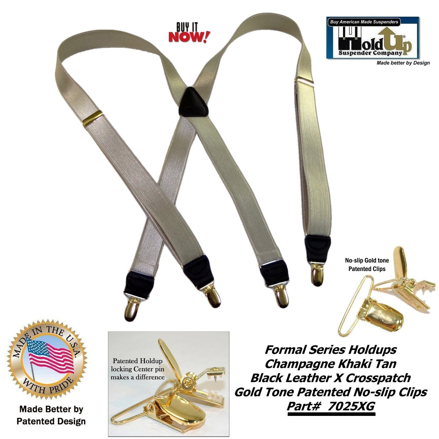 Holdup Golden Champagne Tan 1" Wide Formal Series Satin Finished X-back Suspenders With Gold-Tone No-Slip Clips