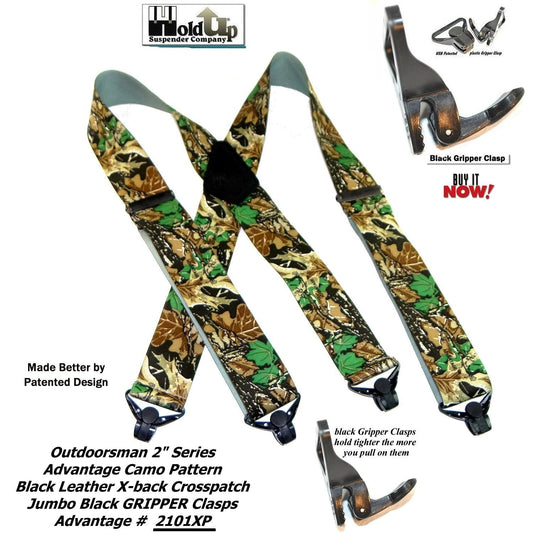 Holdup Suspender Company's Outdoorsman Series Advantage Pattern Camouflage Hunting Suspenders with black USA Patented Gripper Clasps