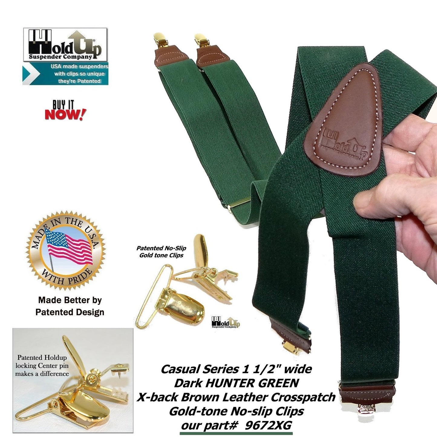 Holdup Brand Hunter Green Men's Clip-On Suspenders with X-Back Style and Gold No-slip Clips